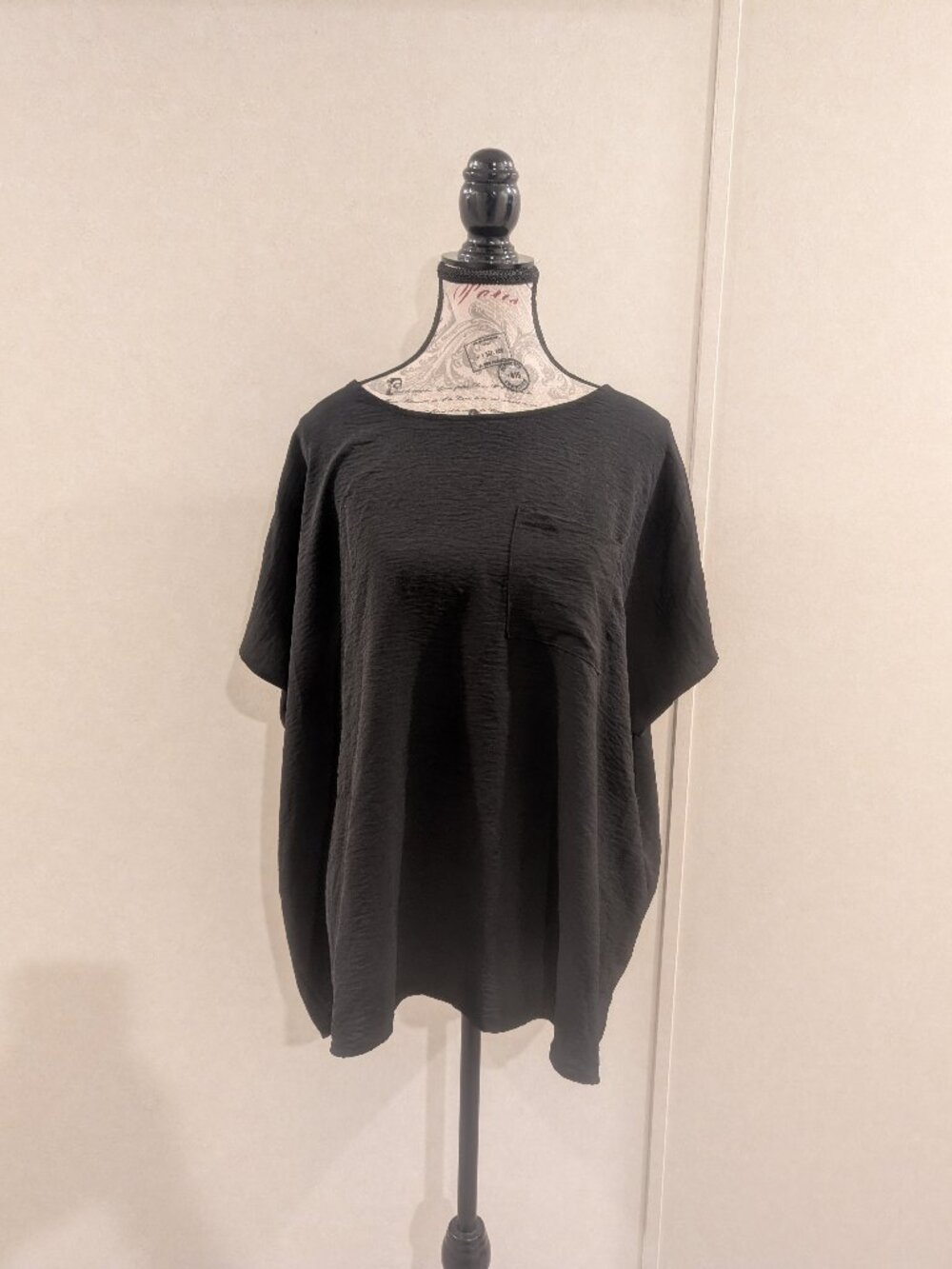 Cotton Bleu Solid Black Textured Oversized Short Sleeve Blouse with Front Pocket